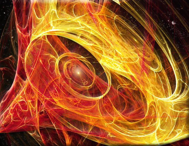 artwork of vivid orange and yellow fiery wisps on a space background