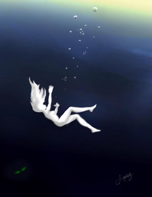 artwork of figure falling into deep waters, air bubbles floating to the surface, and ominous green eyes waiting in the dark below