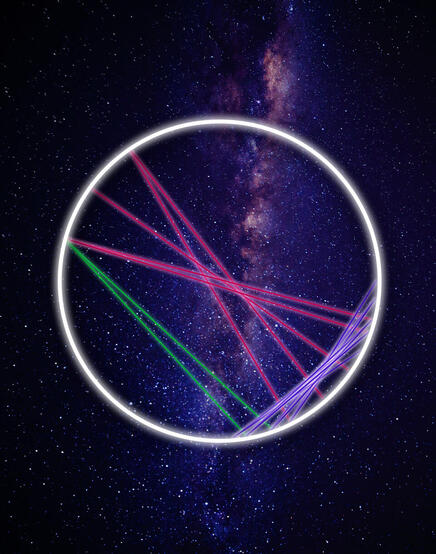 stylized art representing the lines in a birth chart overlaid on a colorful space background